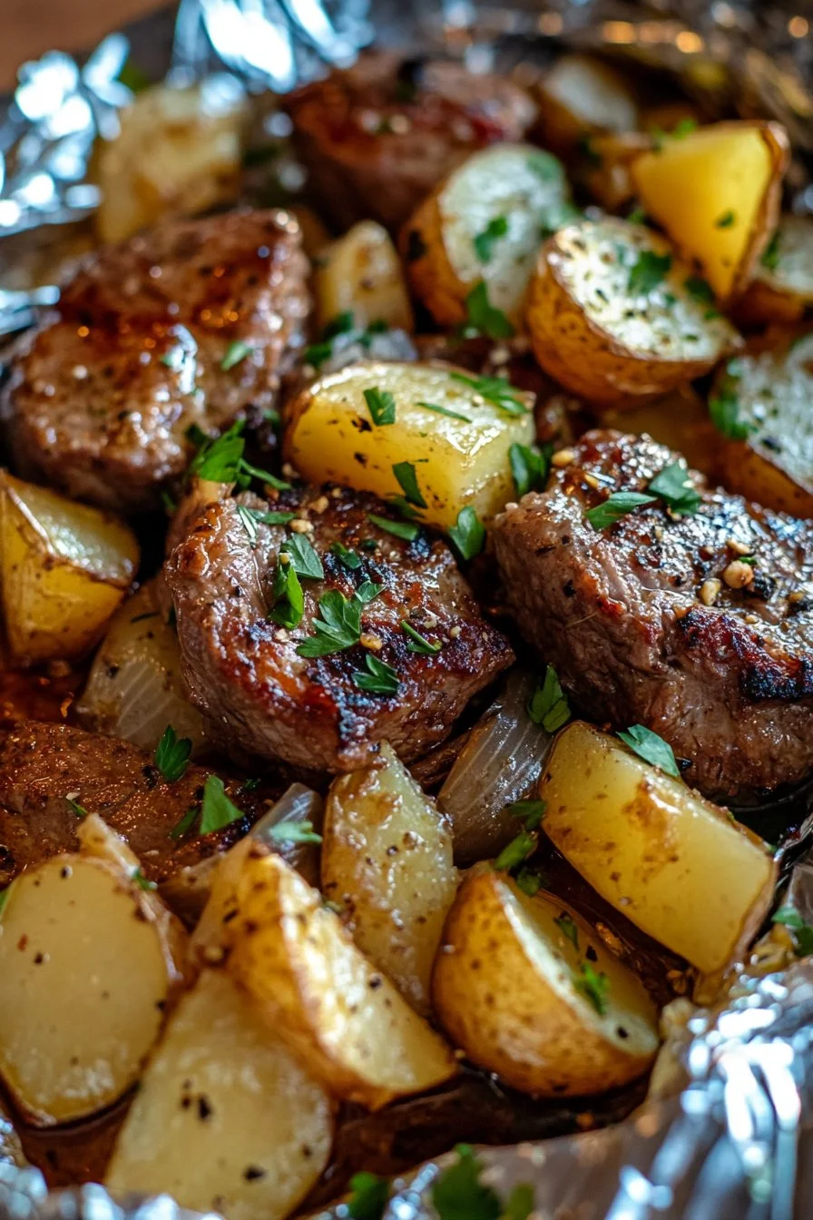 Garlic Steak and Potato Foil Parcels