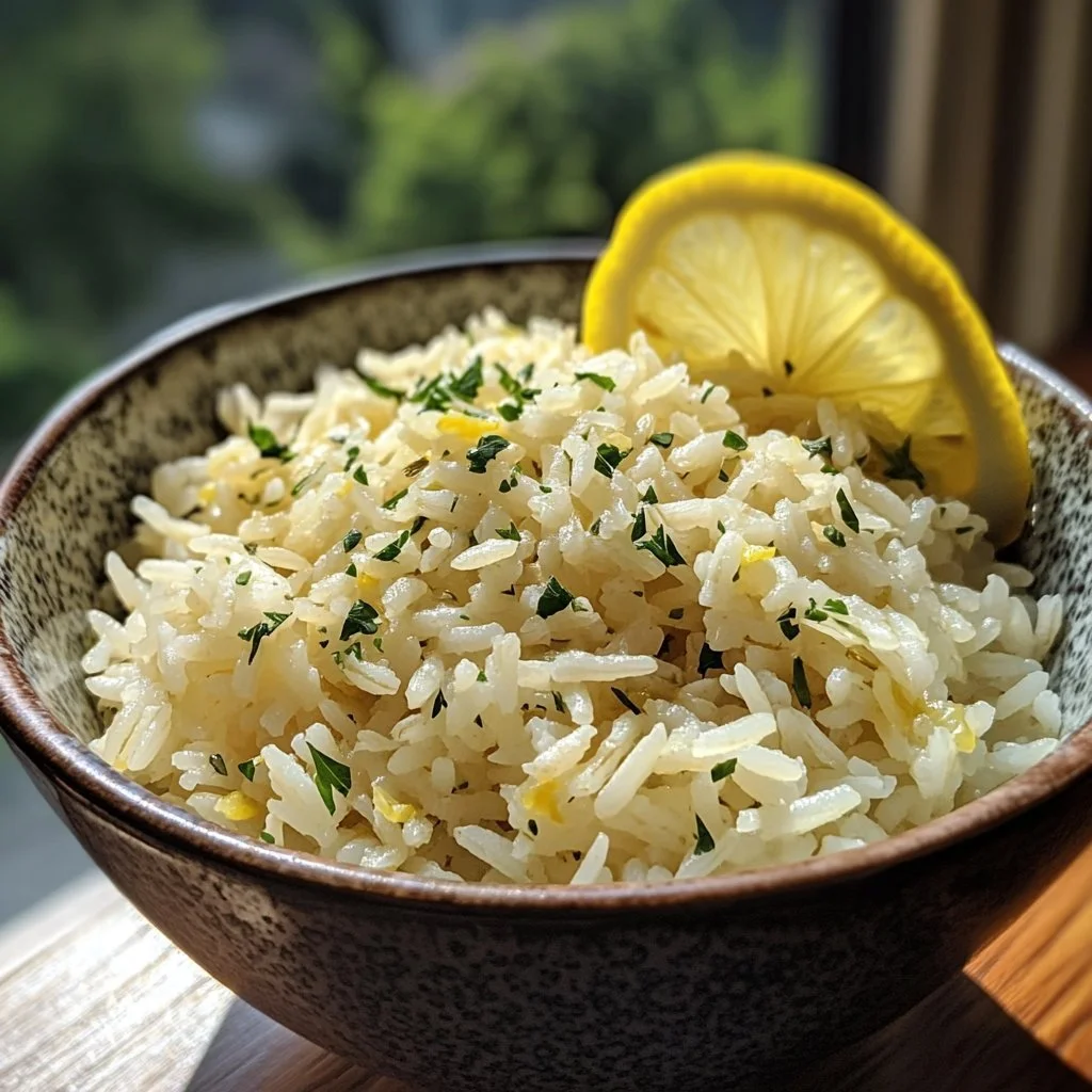 Bowl of Greek Lemon Rice garnished with herbs and lemon slices.