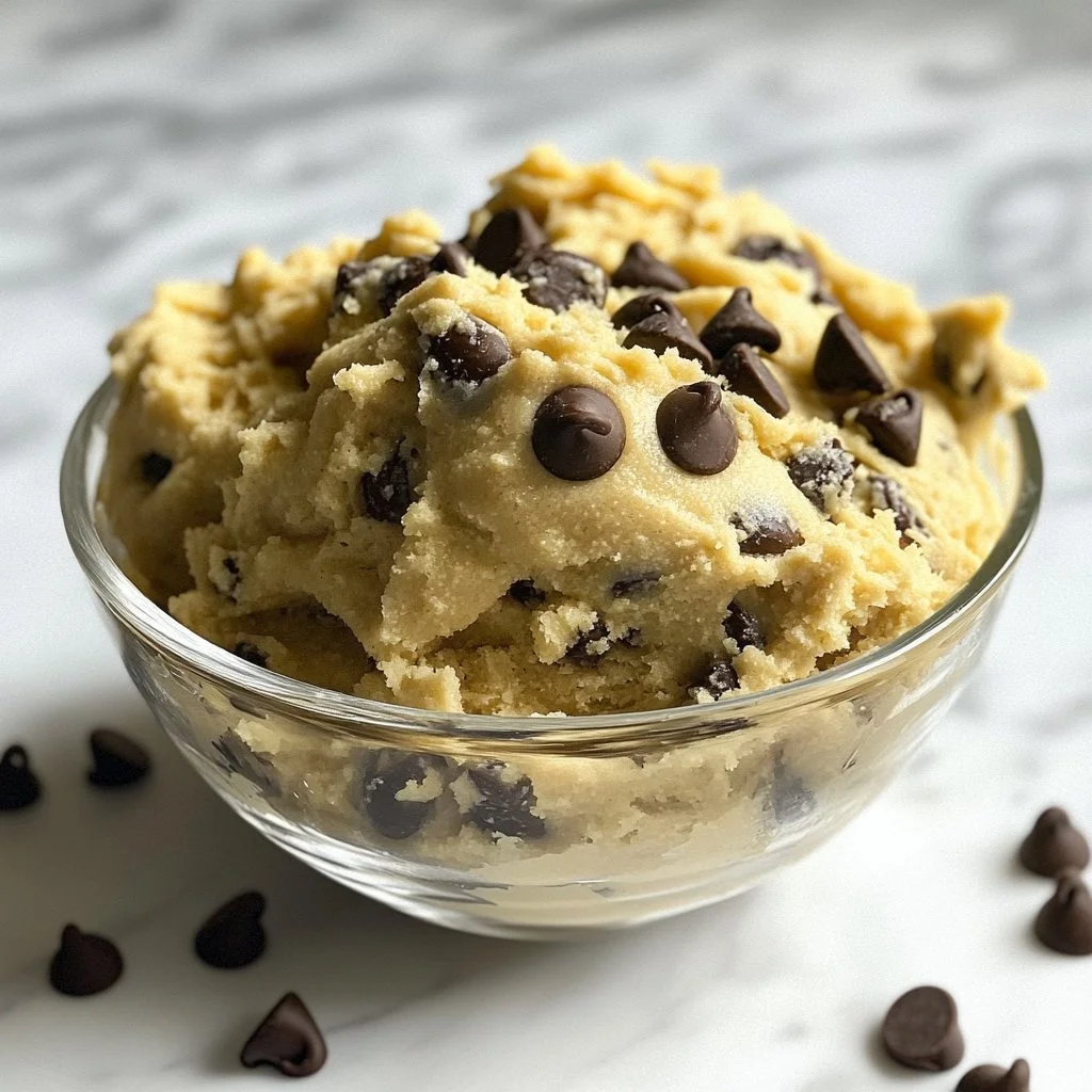 Bowl of Greek Yogurt Cookie Dough with chocolate chips and a spoon
