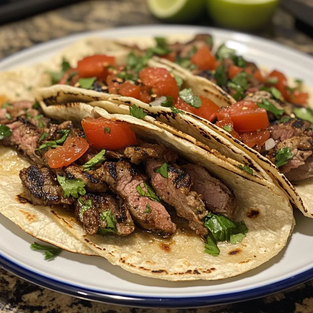 Grilled Beef Mexican Street Tacos served with fresh toppings