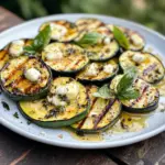 Grilled courgette with goat cheese, basil, and honey on a plate