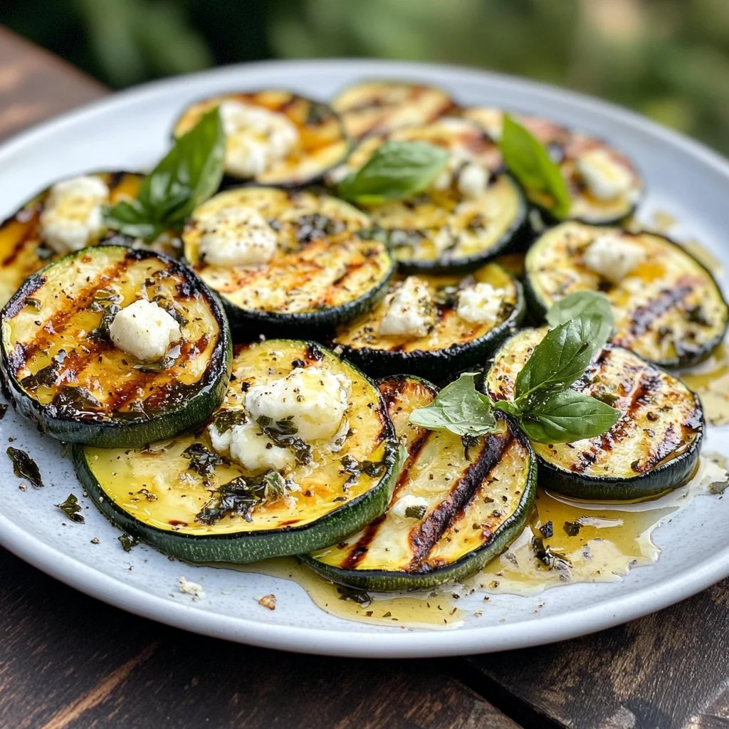 Grilled courgette with goat cheese, basil, and honey on a plate