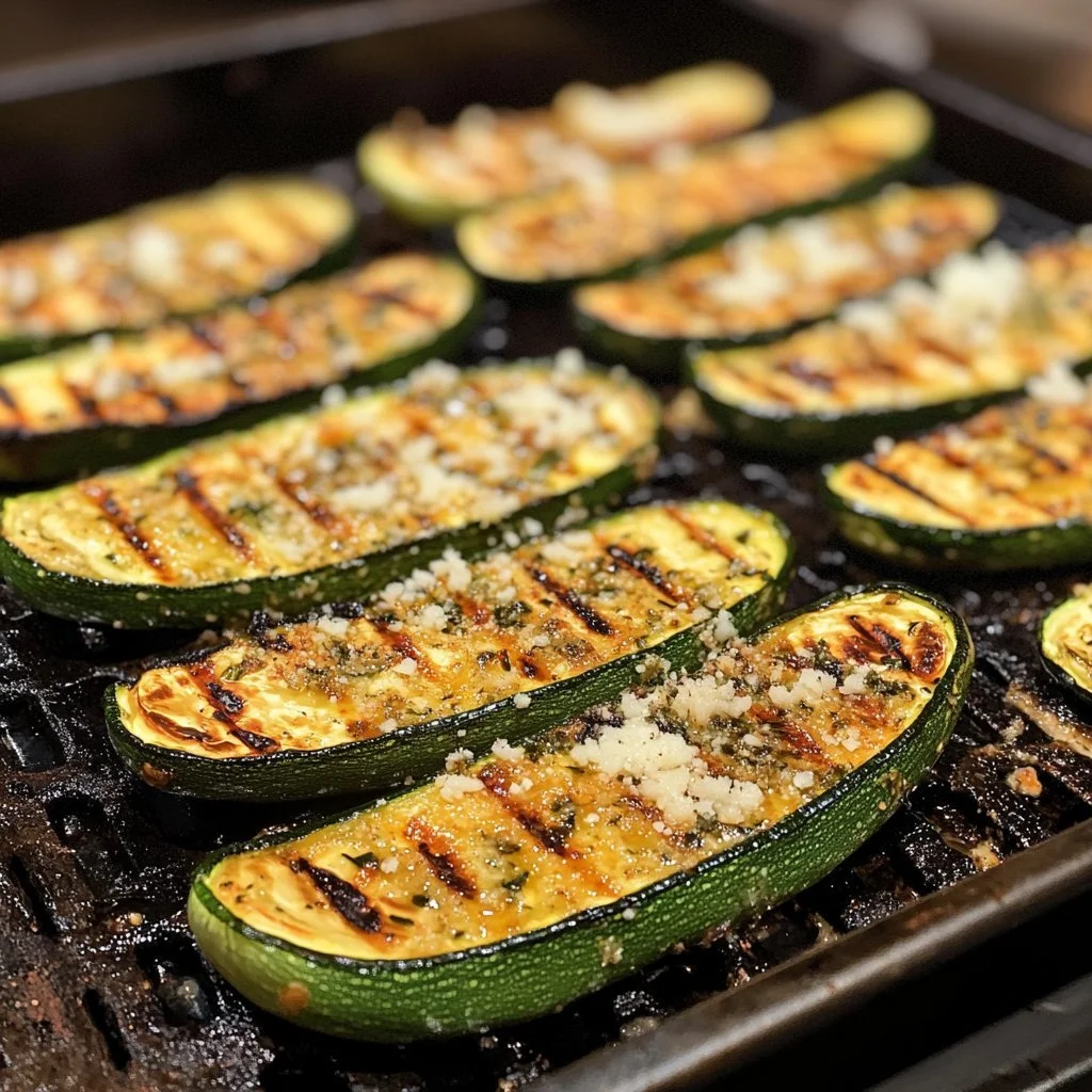 Grilled courgette with parmesan cheese, served on a plate