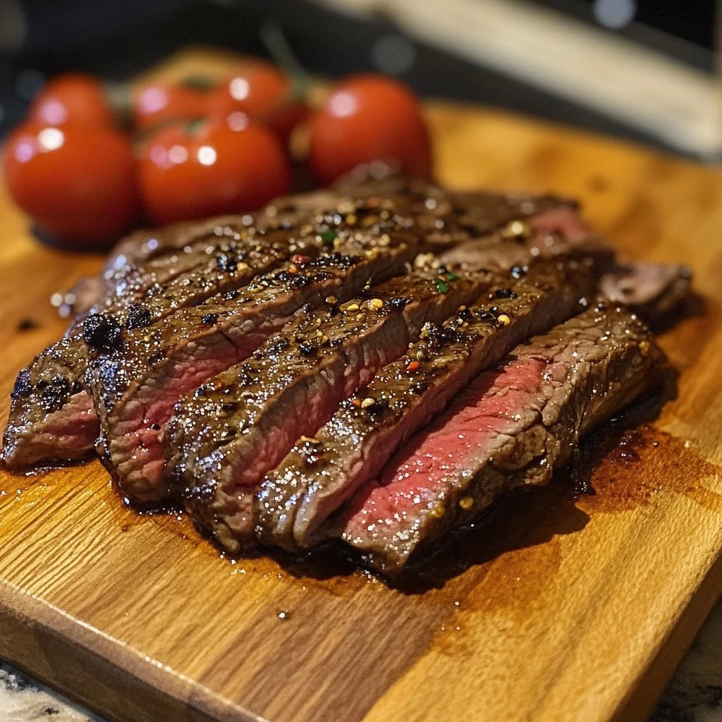 Juicy grilled flank steak served with fresh herbs and vegetables