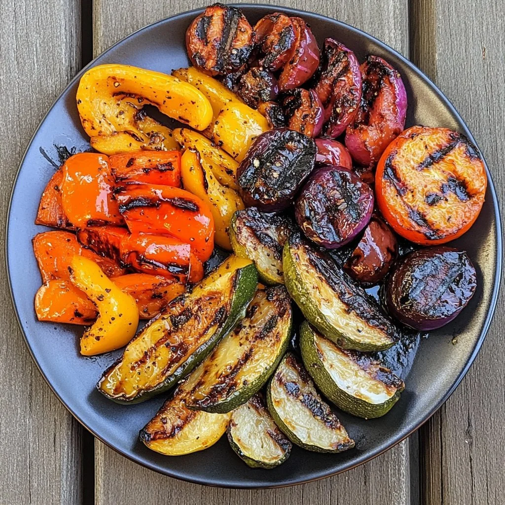 Colourful grilled marinated vegetables on a plate, ready to enjoy.