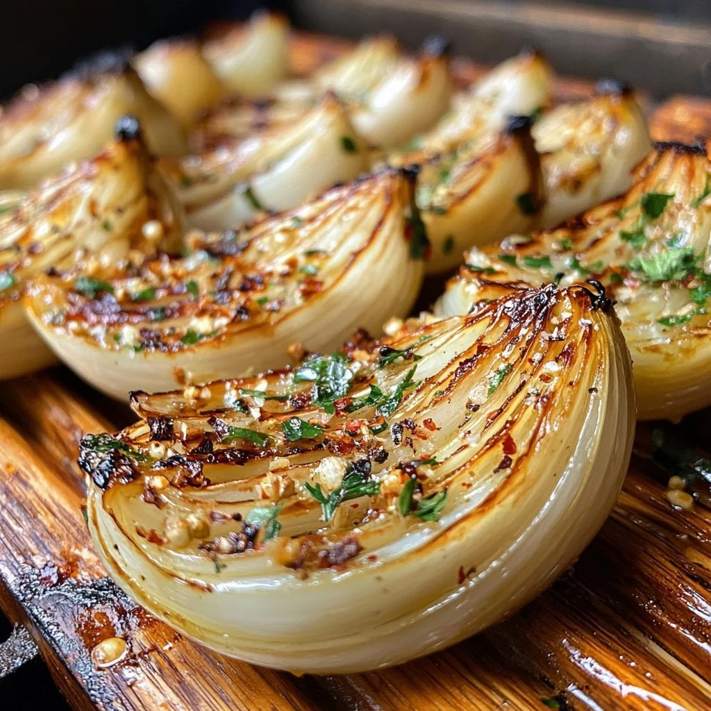 Grilled onion blooms garnished and ready to eat, showcasing their charred and flavourful layers.
