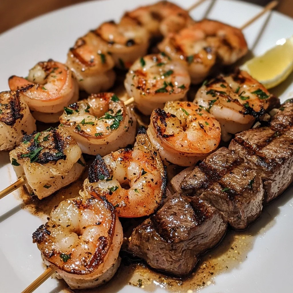 Grilled steak and prawn skewers with garlic butter on a serving platter