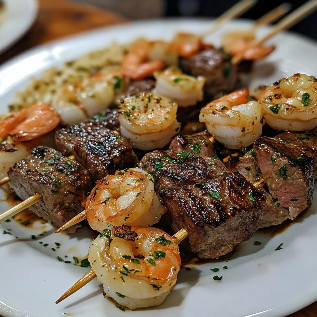 Grilled Steak and Prawn Skewers with Garlic Butter