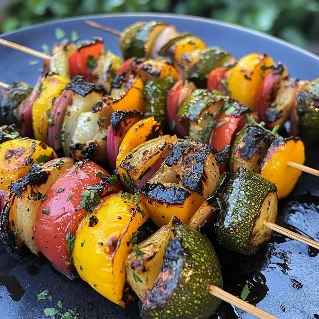 Colourful grilled vegetable kebabs garnished with fresh herbs on a skewer.