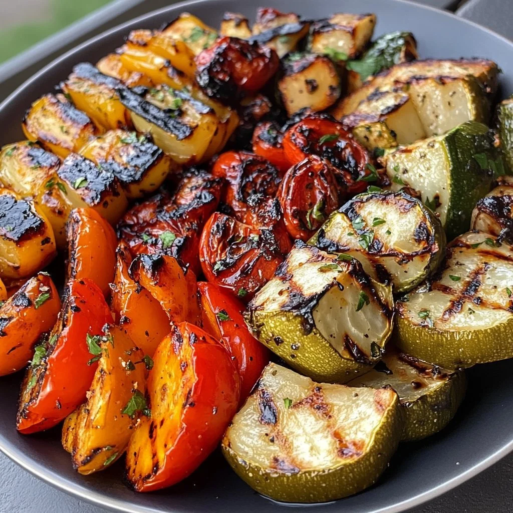 Colourful grilled vegetables on a platter, ideal for healthy meals.