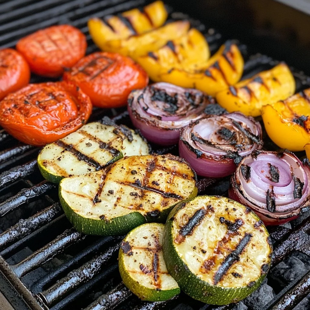 Assorted grilled vegetables on a barbecue grill, showcasing vibrant colours and textures.