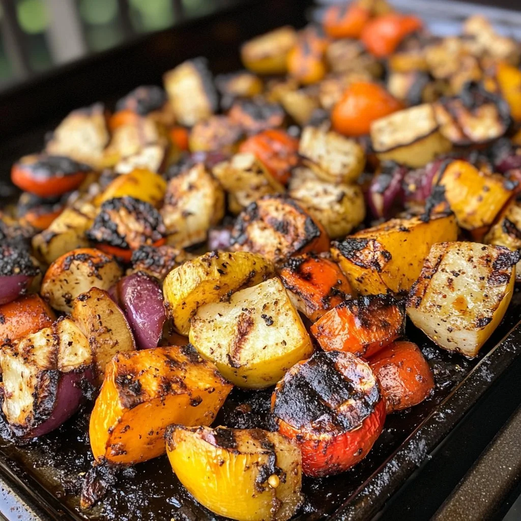 A colourful platter of grilled vegetables including peppers, zucchini, and mushrooms.
