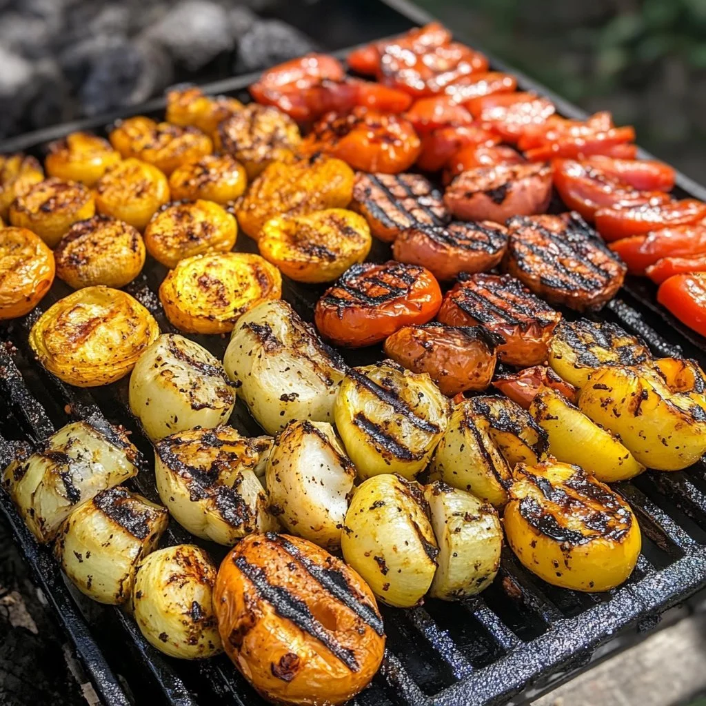 A colourful assortment of grilled vegetables on a platter.