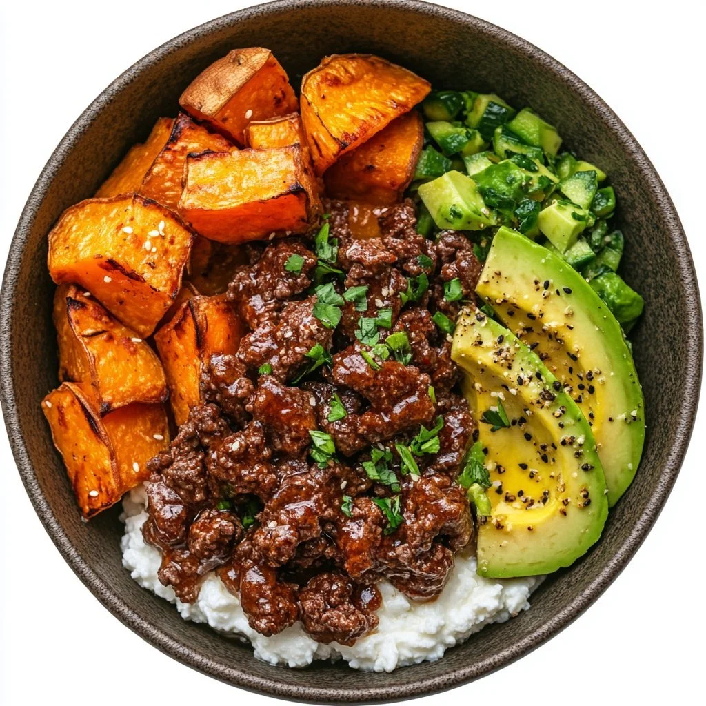 Ground Beef Hot Honey Bowl with spicy sauce and toppings