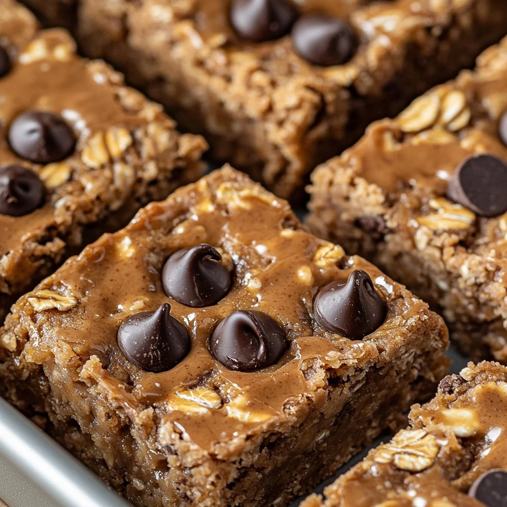 Healthy oatmeal breakfast bars with peanut butter and chocolate chips on a plate