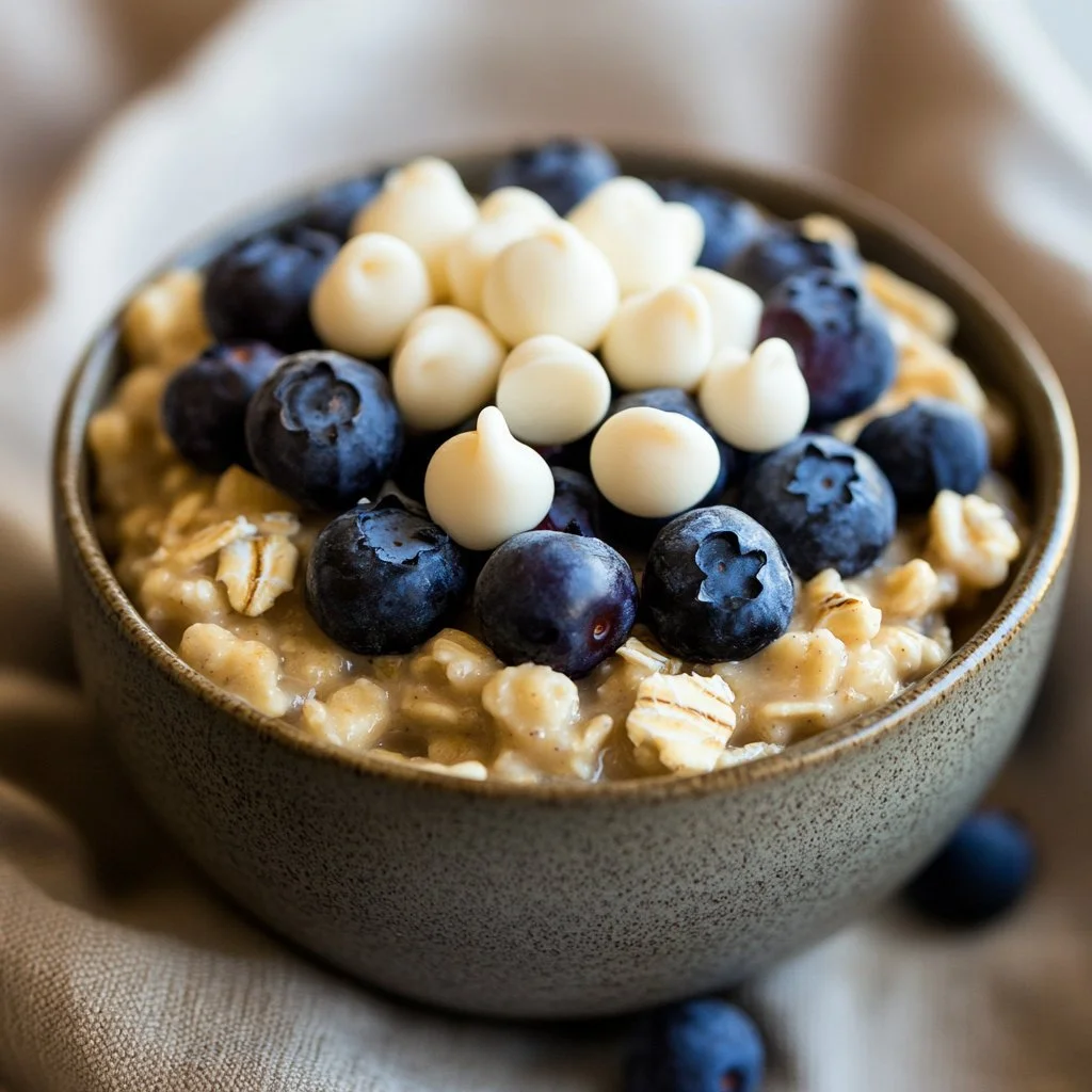 Healthy blueberry breakfast baked porridge topped with fresh blueberries
