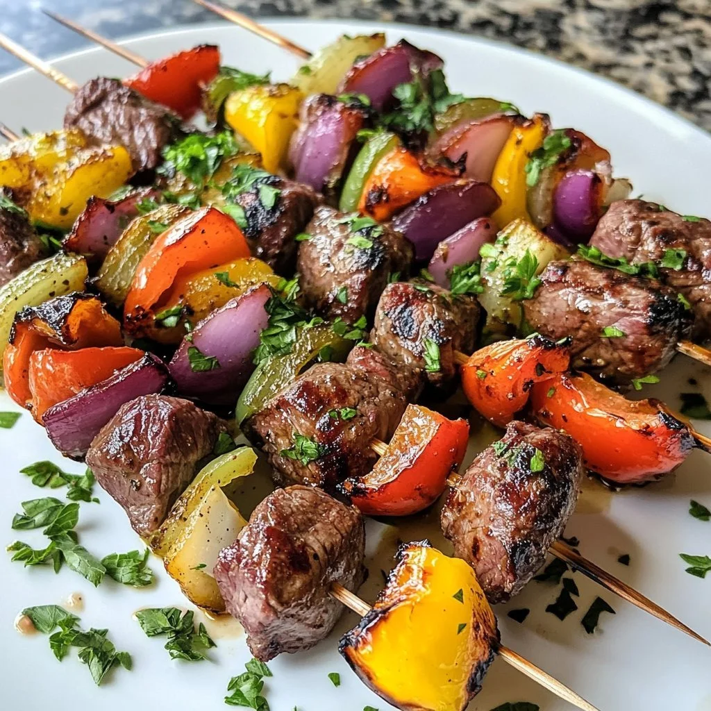 Delicious healthy skirt steak kebabs on the grill