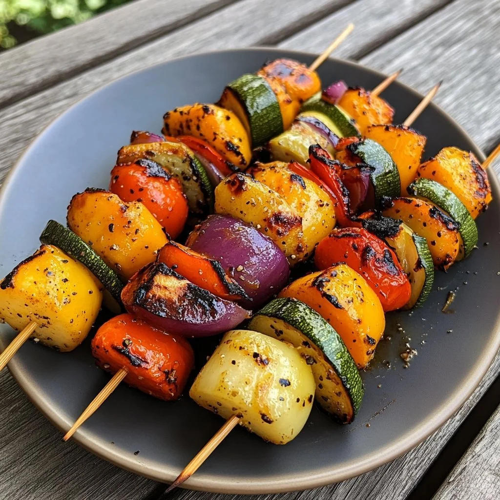 Healthy vegetable kebabs grilled with fresh vegetables and spices