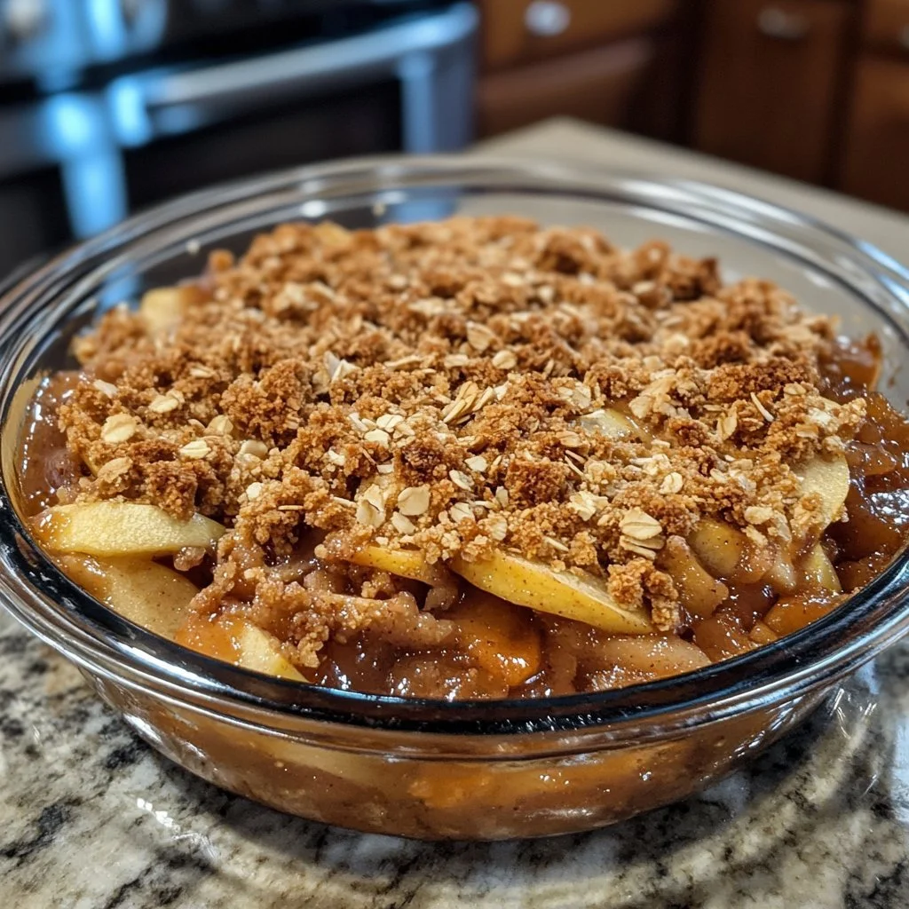 Delicious high protein apple crumble with oats and spices, served warm.