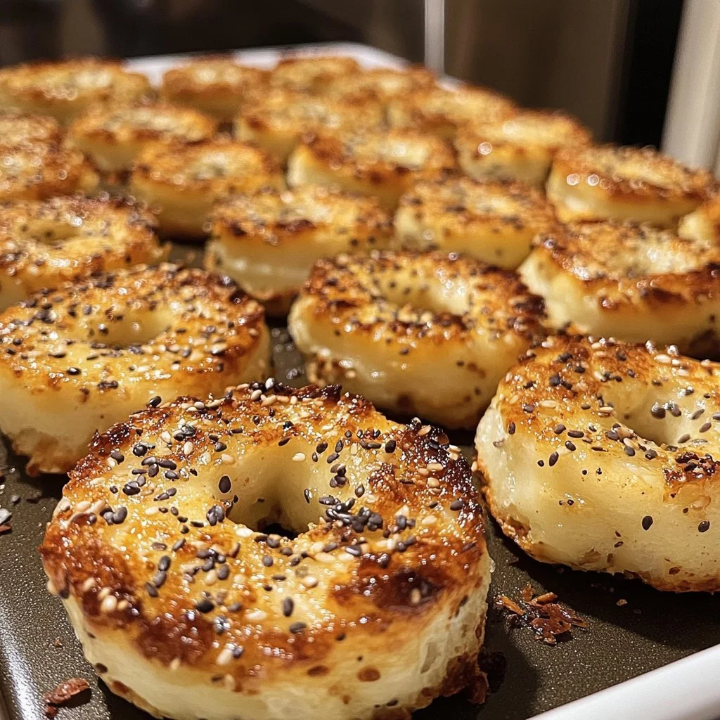 High-protein bagel bites served on a plate with toppings