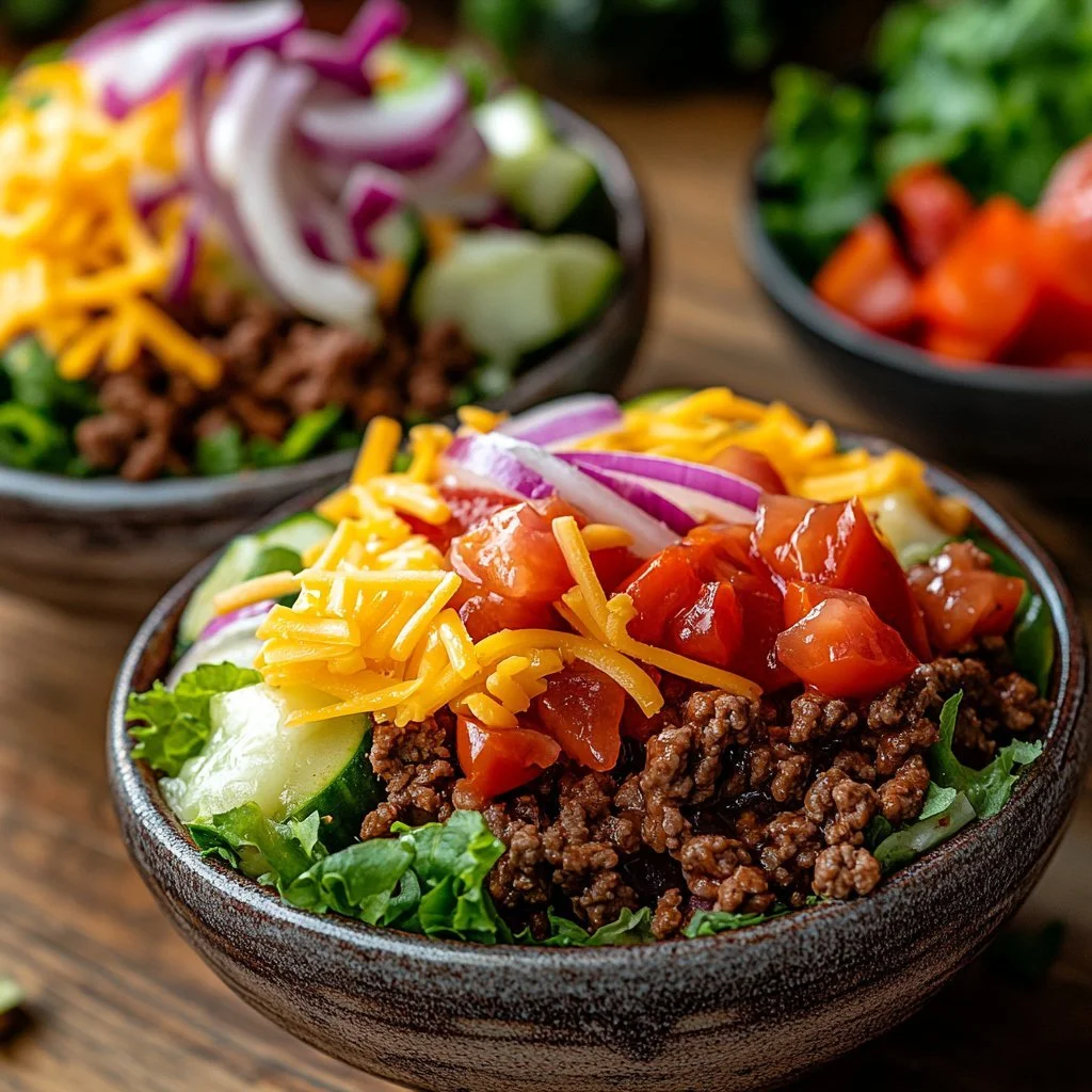 High-protein cheeseburger bowls with fresh ingredients and toppings