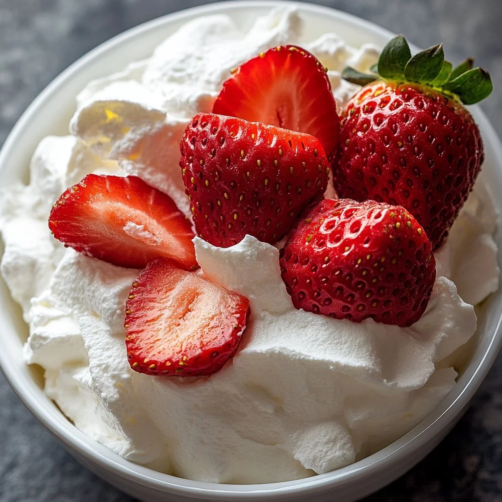High protein cheesecake fluff dessert in a bowl topped with berries