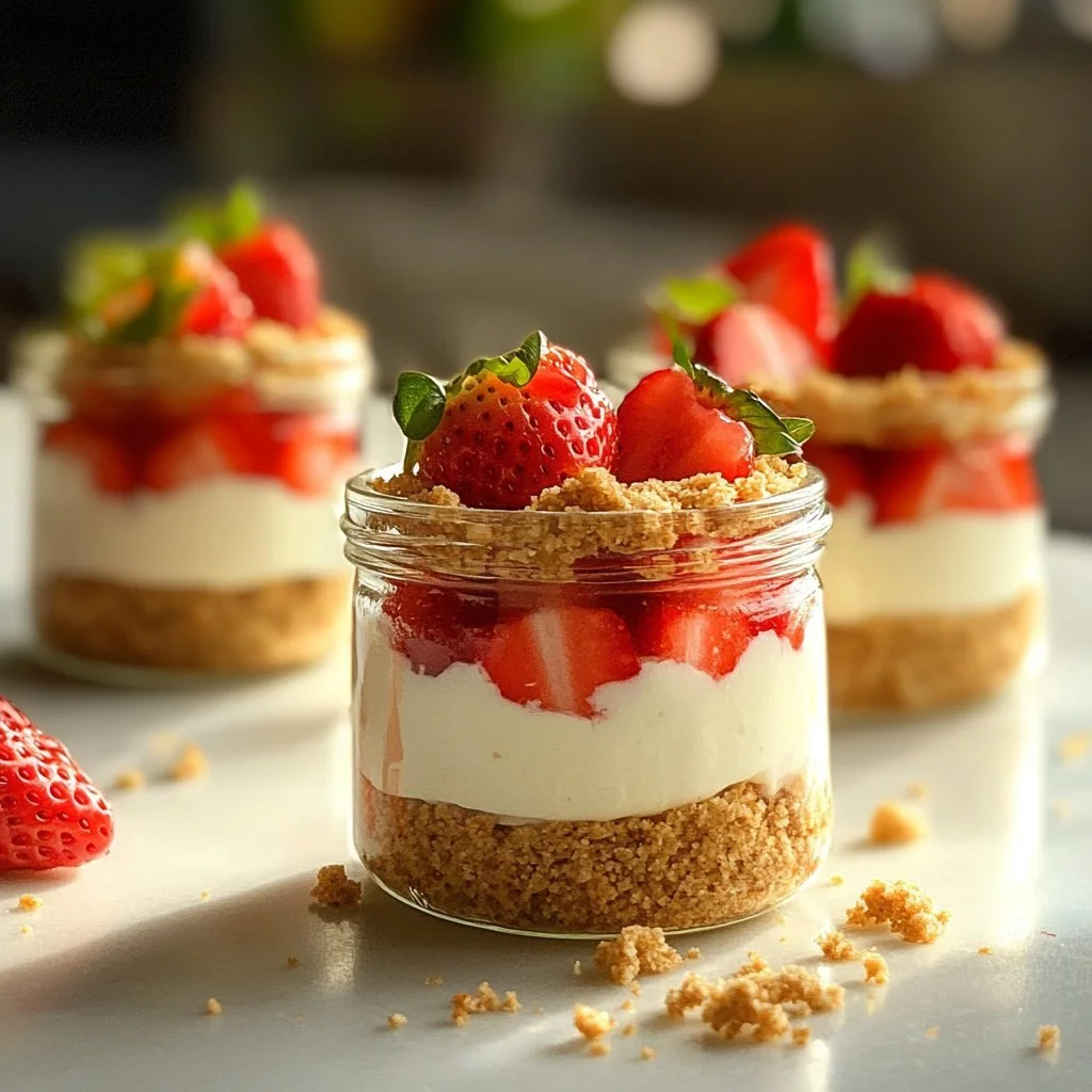 High protein cheesecake jar topped with berries for a healthy dessert option