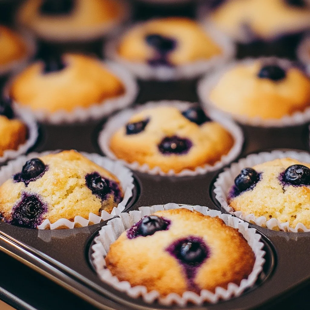 High-protein cottage cheese blueberry muffins on a wooden table