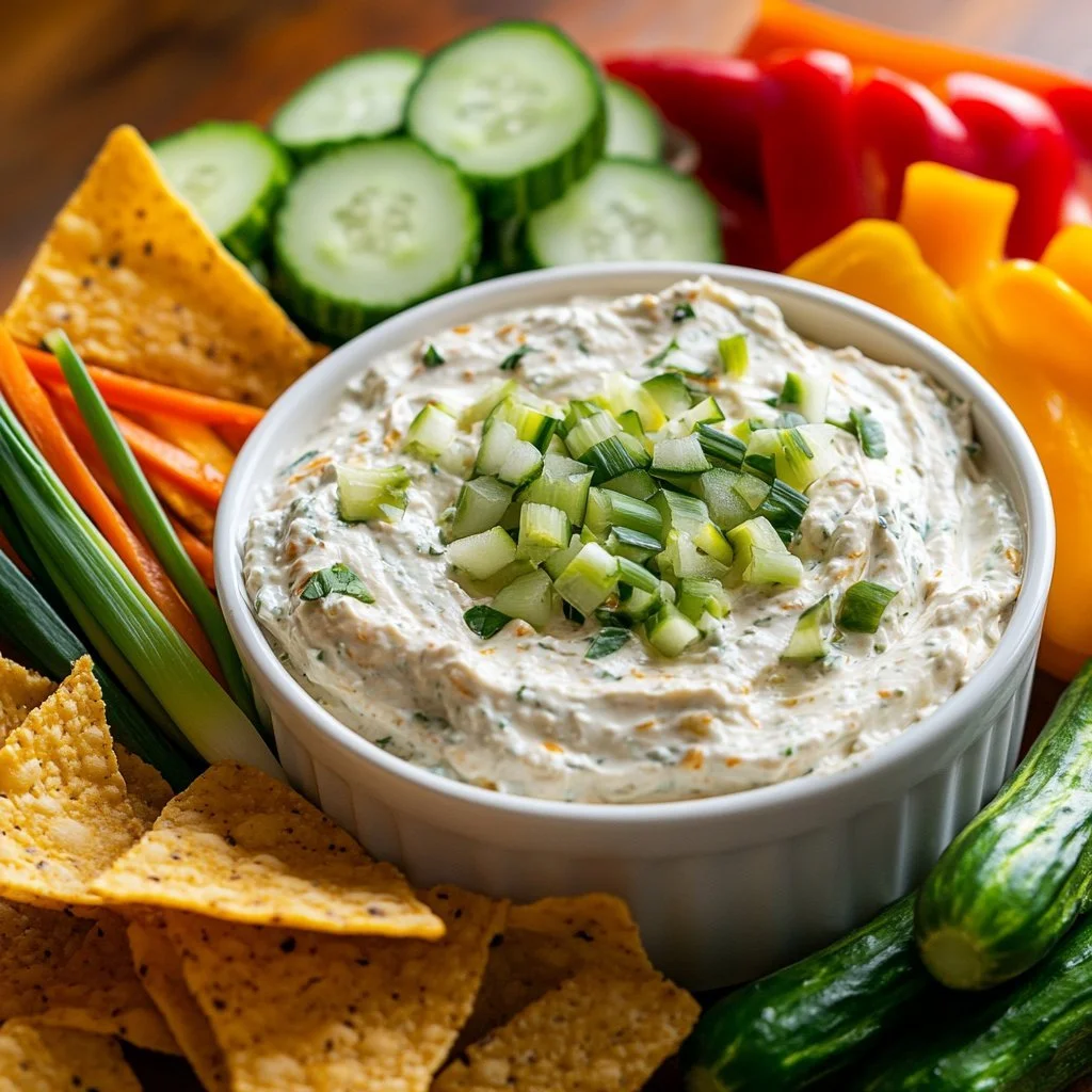 High protein crack dip served with vegetables and crackers