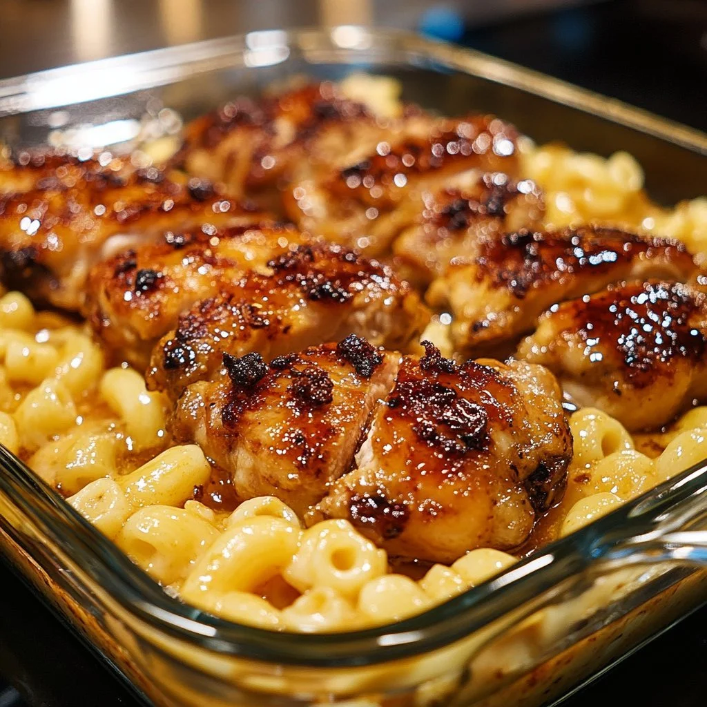 High-protein honey garlic butter chicken with cheesy macaroni dish