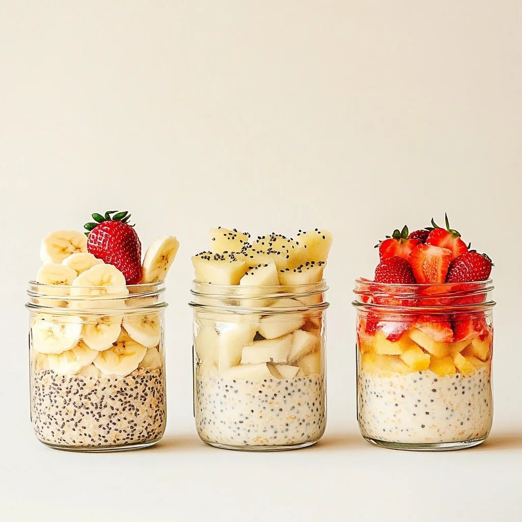 High-protein overnight oats topped with fruits and nuts in a jar.
