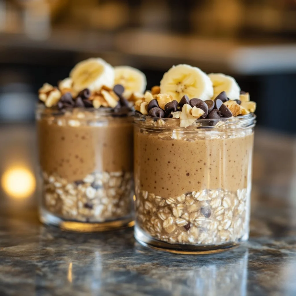 Bowl of high-protein peanut butter overnight oats topped with fruits and nuts