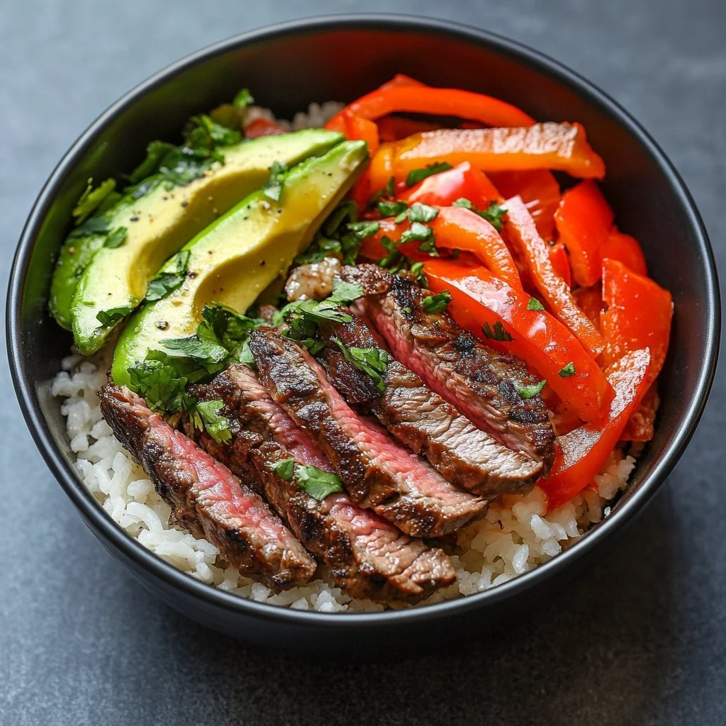 High Protein Steak Fajita Bowl with marinated steak, peppers, and onions