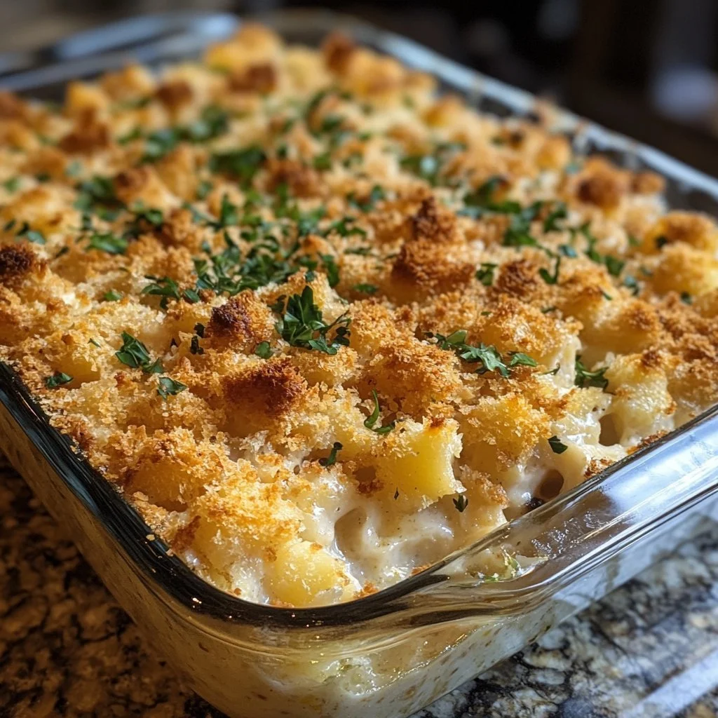 Delicious hominy casserole topped with cheese and herbs in a baking dish