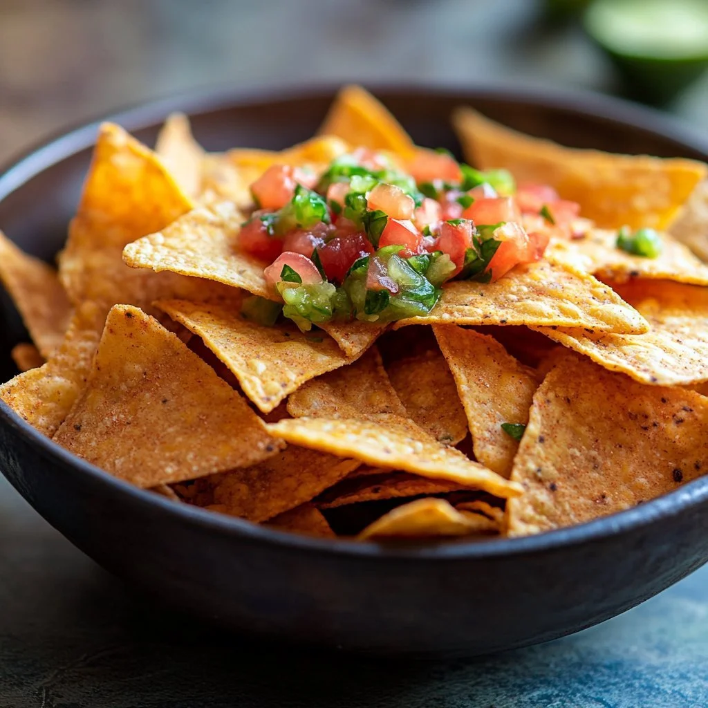 Bowl of Keto Tortilla Chips served with salsa and guacamole on the side