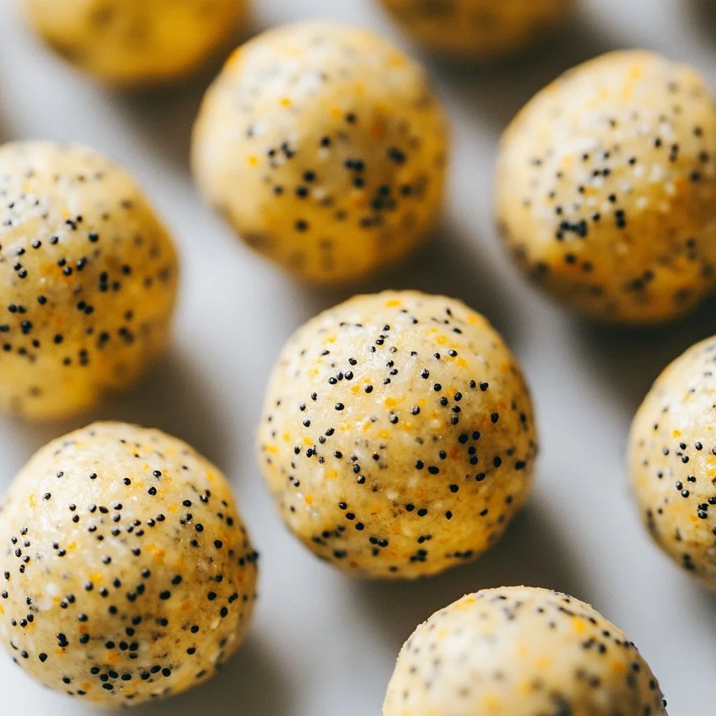 Lemon poppy seed energy bites on a wooden table ready to enjoy