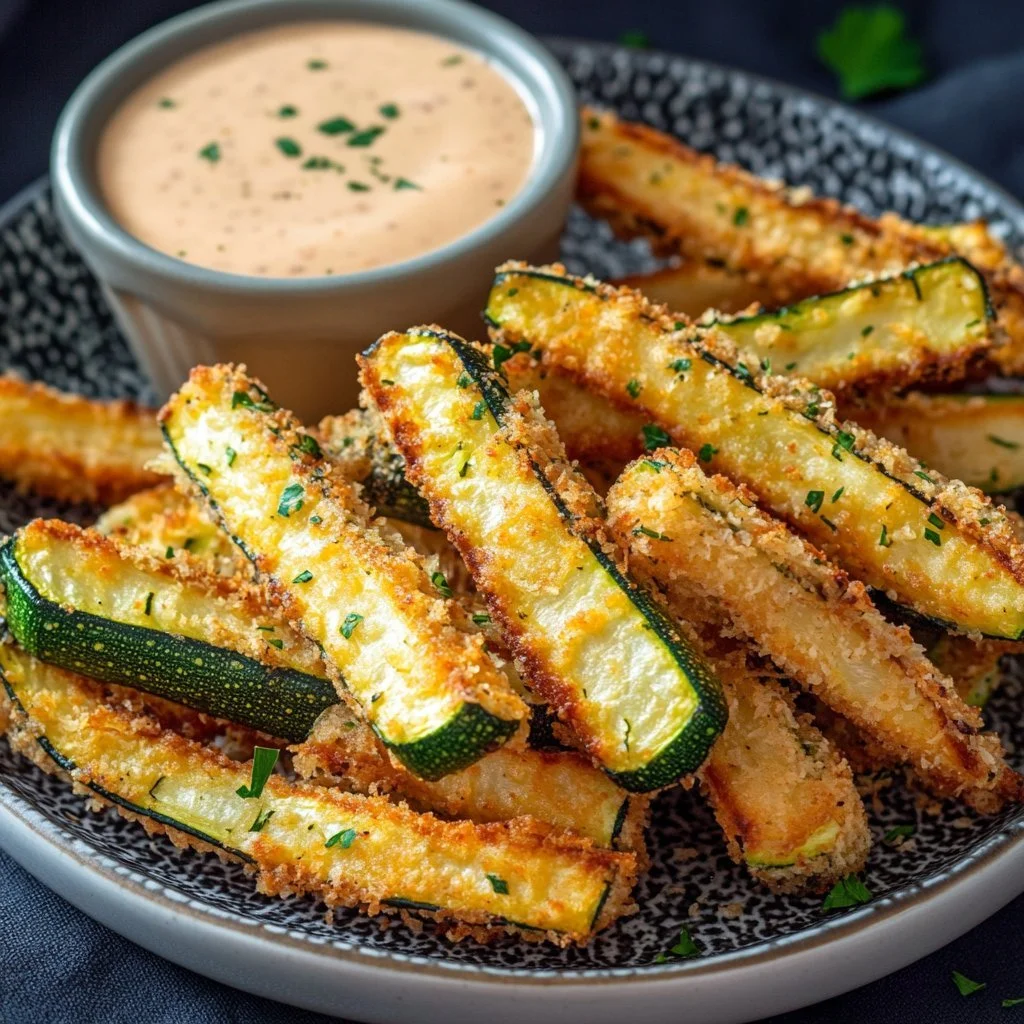 Low-calorie air fryer courgette fries served on a plate