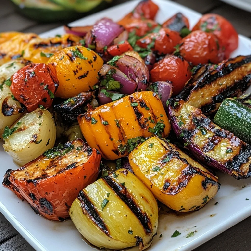 Colourful marinated grilled vegetables on a barbecue grill.