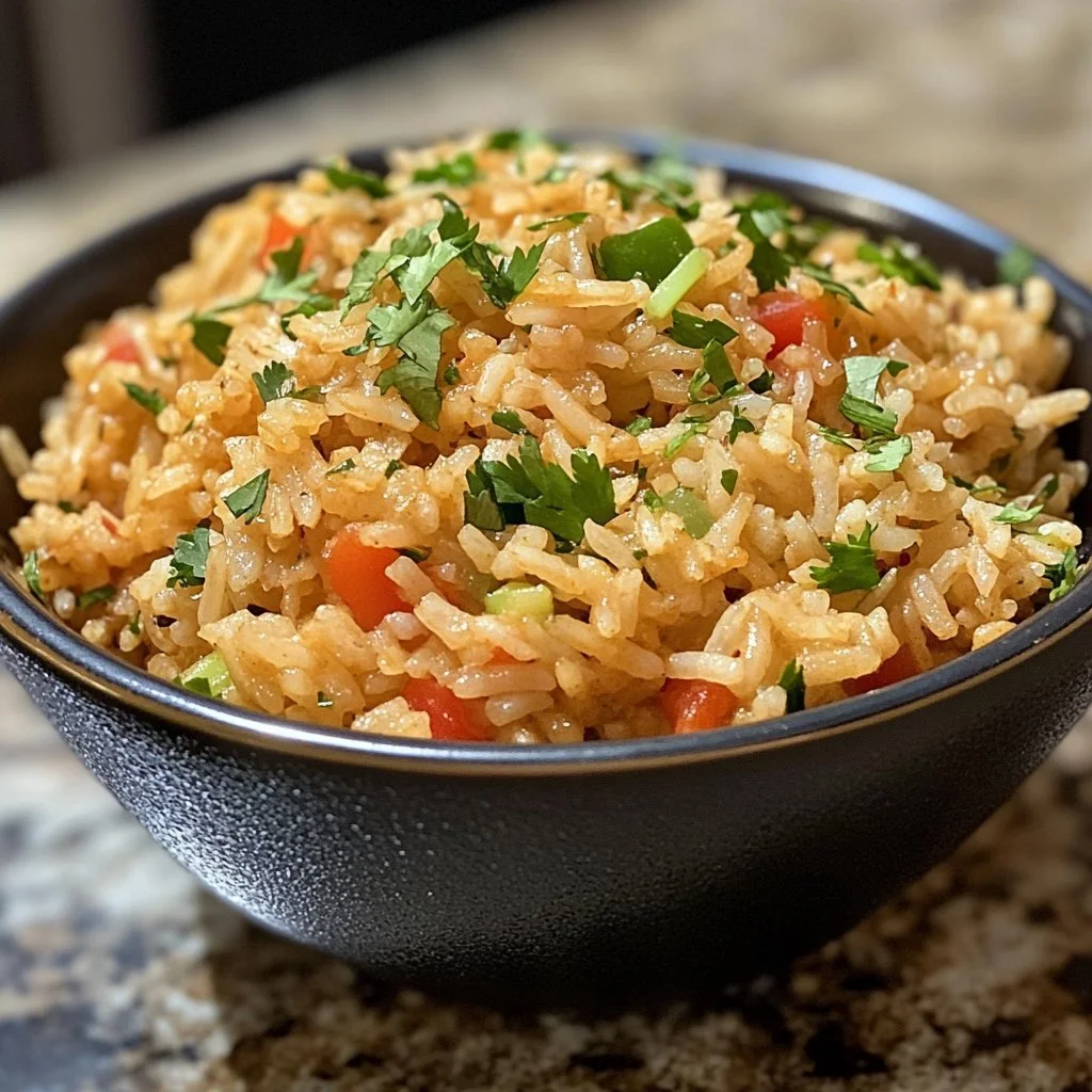 Bowl of Mexican sour cream rice garnished with herbs