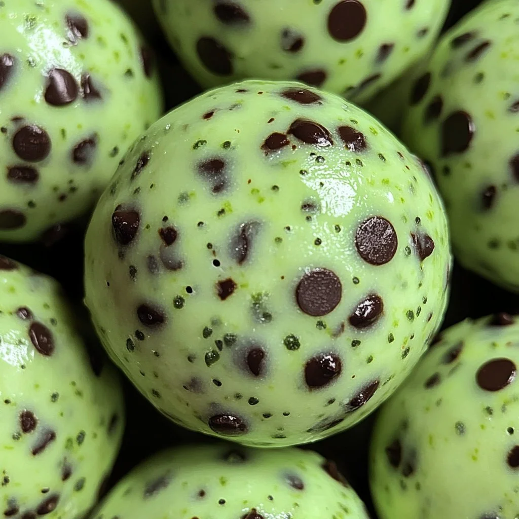Mint chocolate chip protein balls stacked on a wooden table