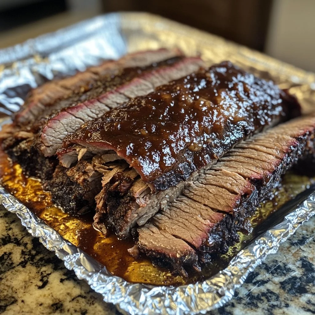 Oven-baked BBQ beef brisket cooked to perfection with a smoky glaze.