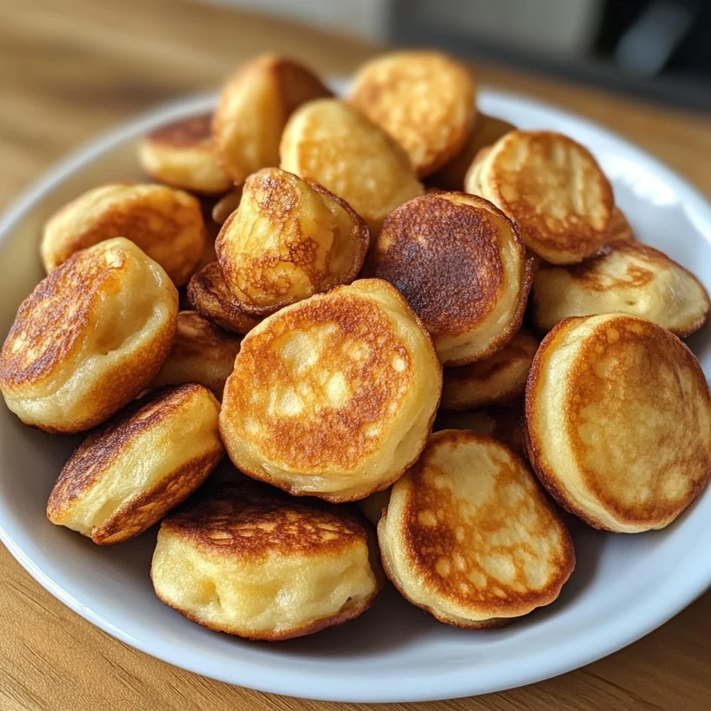 Delicious pancake poppers served on a plate with maple syrup and berries