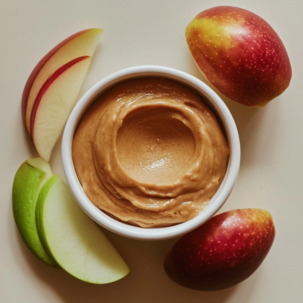 Peanut butter yogurt dip served with fresh apple slices.
