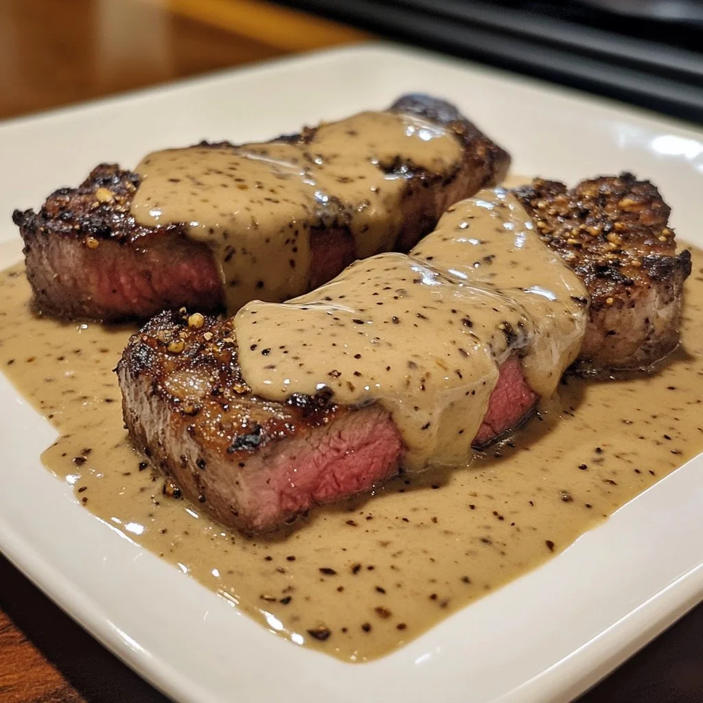 Peppercorn-crusted steak served with creamy peppercorn sauce on a plate