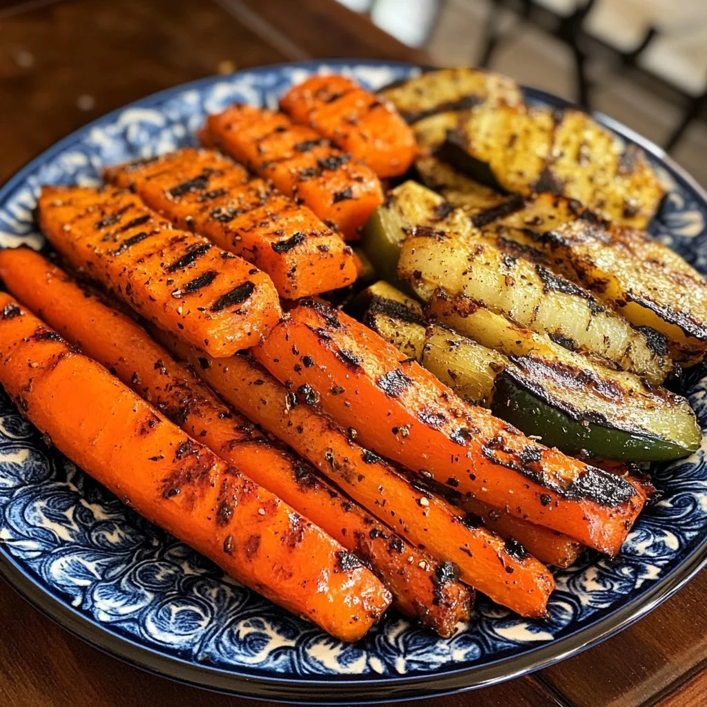 Grilled marinated carrots and bell peppers served on a platter.