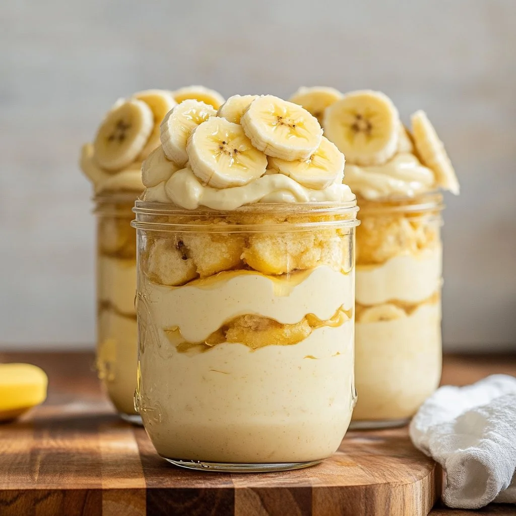 Protein-packed banana pudding in a bowl, topped with banana slices.