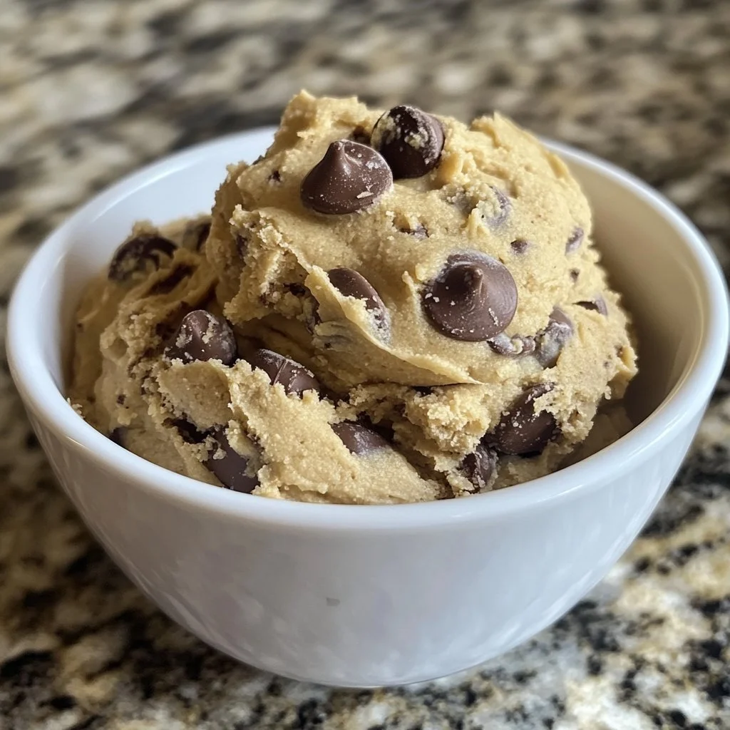 Bowl of homemade protein cookie dough with chocolate chips