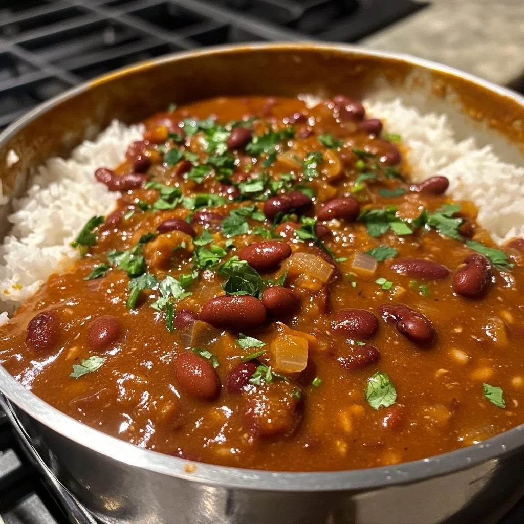 A plate of red beans and rice, garnished with herbs and spices.