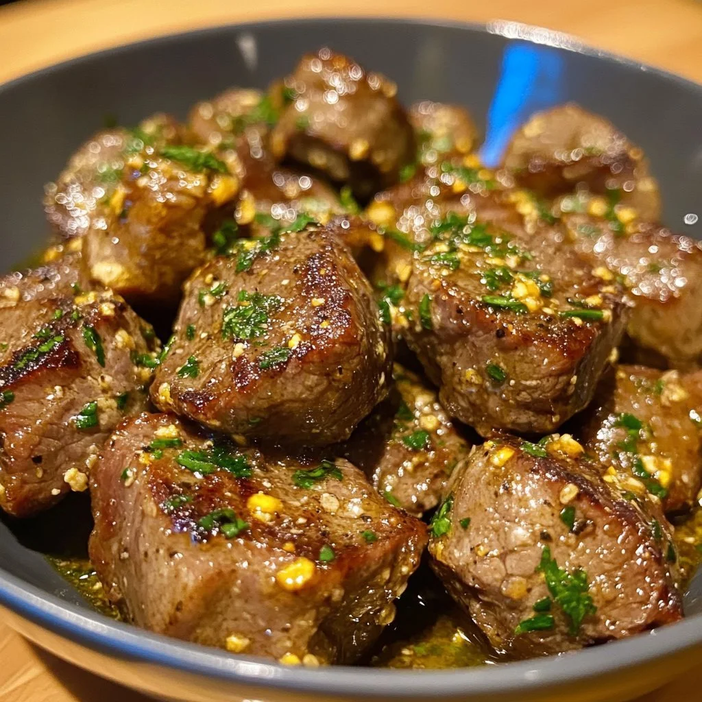 Savory slow cooker garlic butter steak bites served on a plate