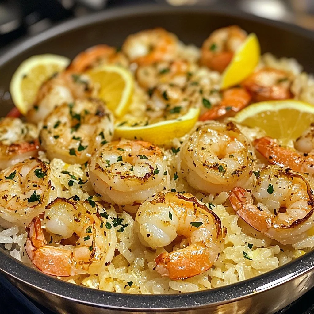 Shrimp and Lemon Parmesan Rice served in a bowl with parsley garnish